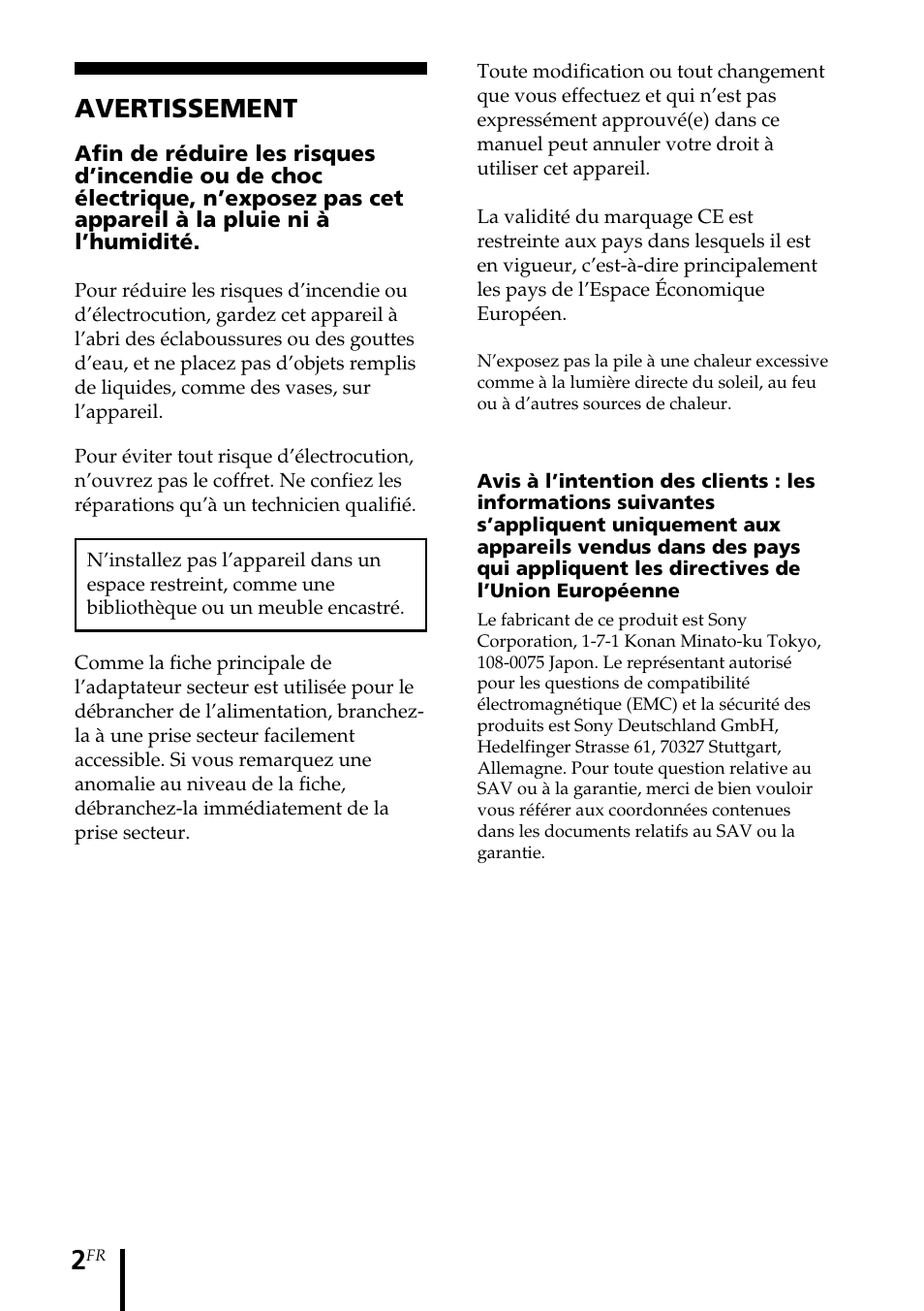 Avertissement | Sony MDR-IF140K User Manual | Page 16 / 44