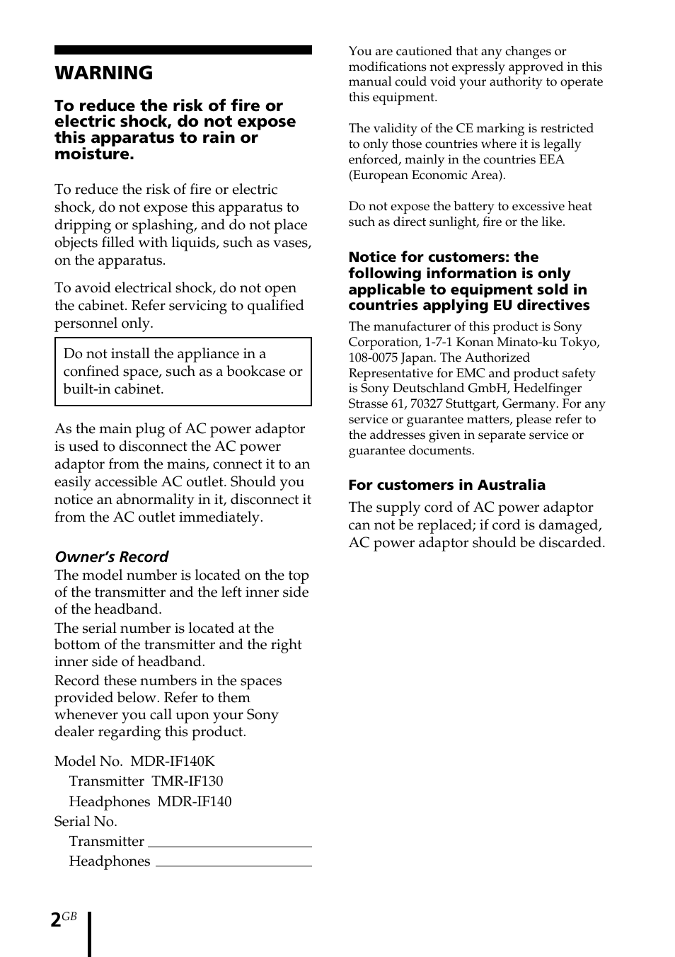Warning | Sony MDR-IF140K User Manual | Page 2 / 44