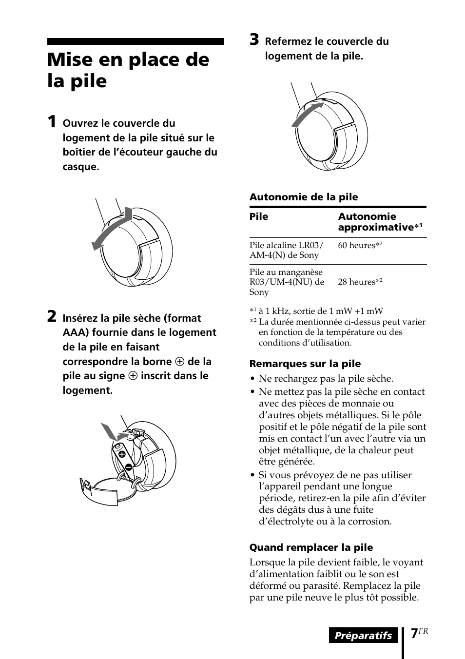 Mise en place de la pile | Sony MDR-IF140K User Manual | Page 21 / 44