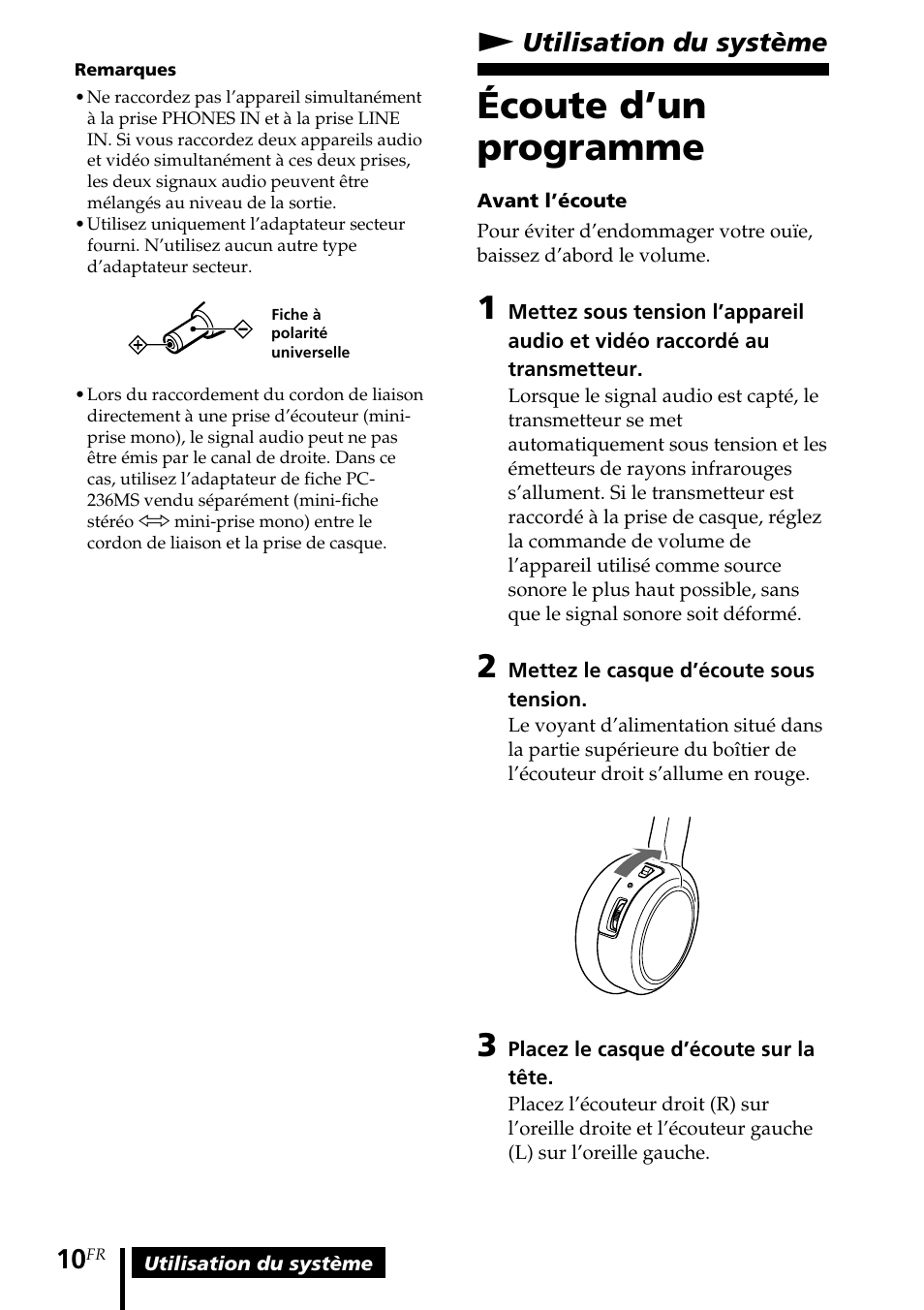 Utilisation du système, Écoute d’un programme, Nutilisation du système | Sony MDR-IF140K User Manual | Page 24 / 44