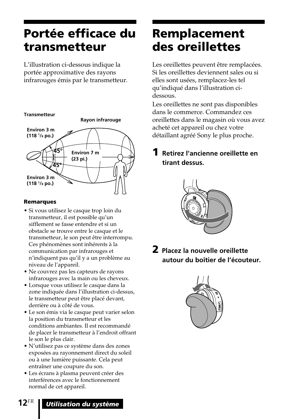 Portée efficace du transmetteur, Remplacement des oreillettes | Sony MDR-IF140K User Manual | Page 26 / 44
