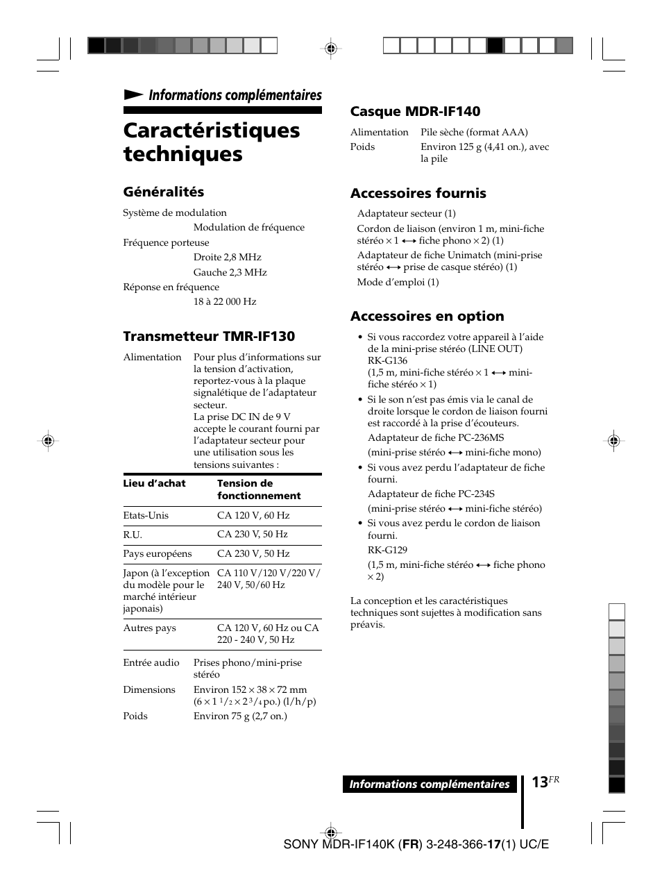 Informations complémentaires, Caractéristiques techniques, Informations | Complémentaires, N informations complémentaires, Généralités, Transmetteur tmr-if130, Casque mdr-if140, Accessoires fournis, Accessoires en option | Sony MDR-IF140K User Manual | Page 27 / 44