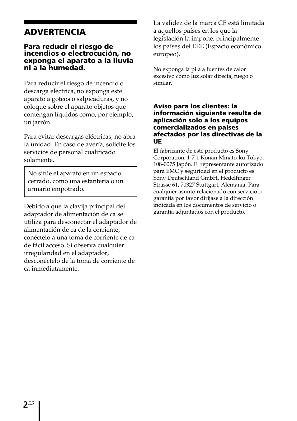 Advertencia | Sony MDR-IF140K User Manual | Page 30 / 44