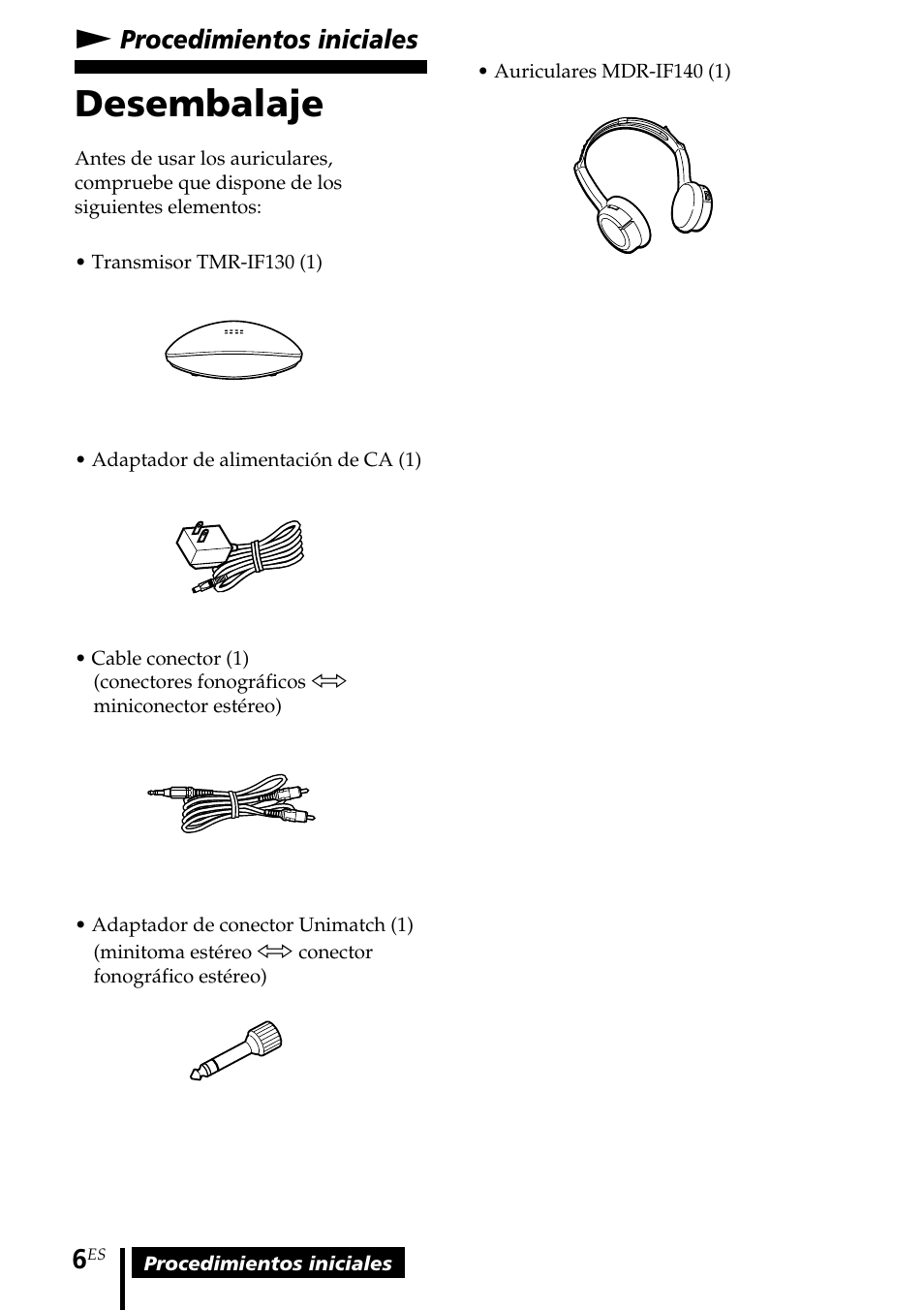 Procedimientos iniciales, Desembalaje, Nprocedimientos iniciales | Sony MDR-IF140K User Manual | Page 34 / 44