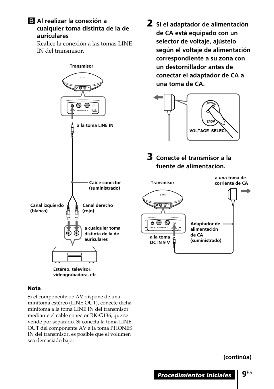 Conecte el transmisor a la fuente de alimentación, Procedimientos iniciales, Continúa) | Sony MDR-IF140K User Manual | Page 37 / 44