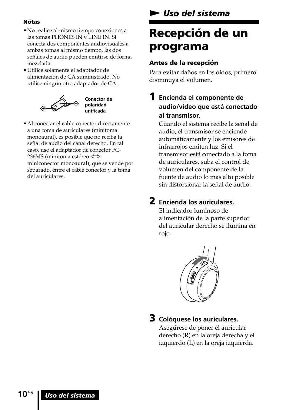 Uso del sistema, Recepción de un programa, Nuso del sistema | Sony MDR-IF140K User Manual | Page 38 / 44