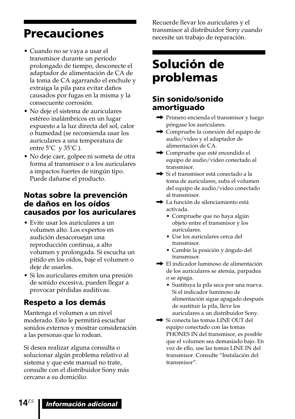 Precauciones, Solución de problemas, Precauciones solución de problemas | Sin sonido/sonido amortiguado, Respeto a los demás | Sony MDR-IF140K User Manual | Page 42 / 44