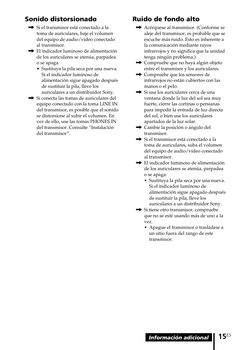 Sonido distorsionado, Ruido de fondo alto | Sony MDR-IF140K User Manual | Page 43 / 44
