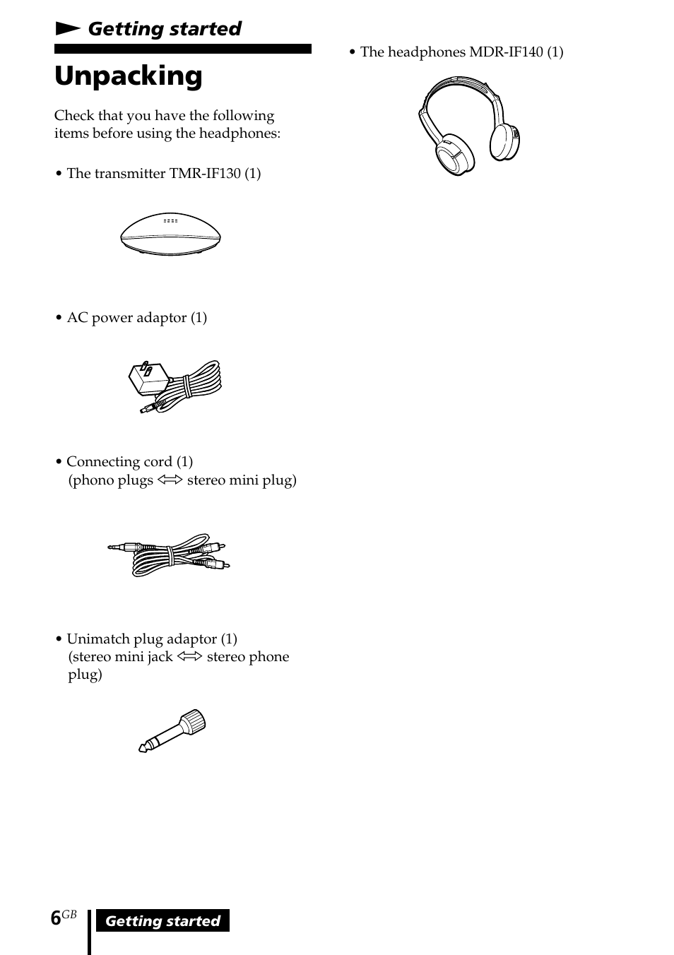 Getting started, Unpacking, Ngetting started | Sony MDR-IF140K User Manual | Page 6 / 44