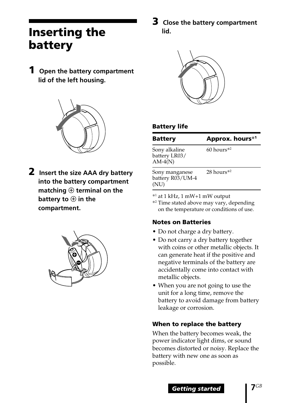 Inserting the battery | Sony MDR-IF140K User Manual | Page 7 / 44