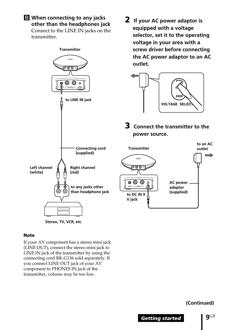 Connect the transmitter to the power source, Getting started, Connect to the line in jacks on the transmitter | Continued) | Sony MDR-IF140K User Manual | Page 9 / 44