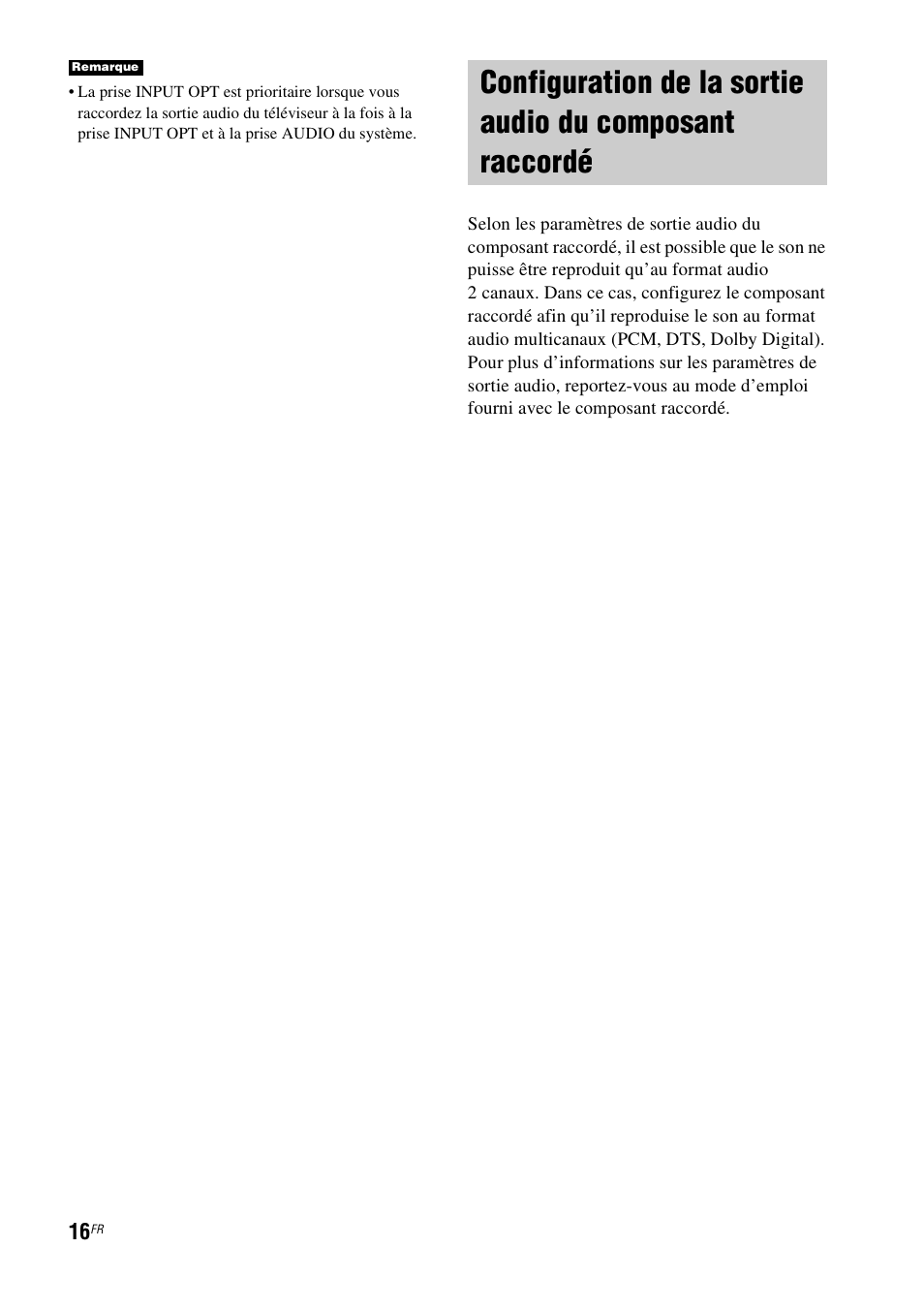 Configuration de la sortie audio du, Composant raccordé | Sony HT-FS1 User Manual | Page 16 / 92