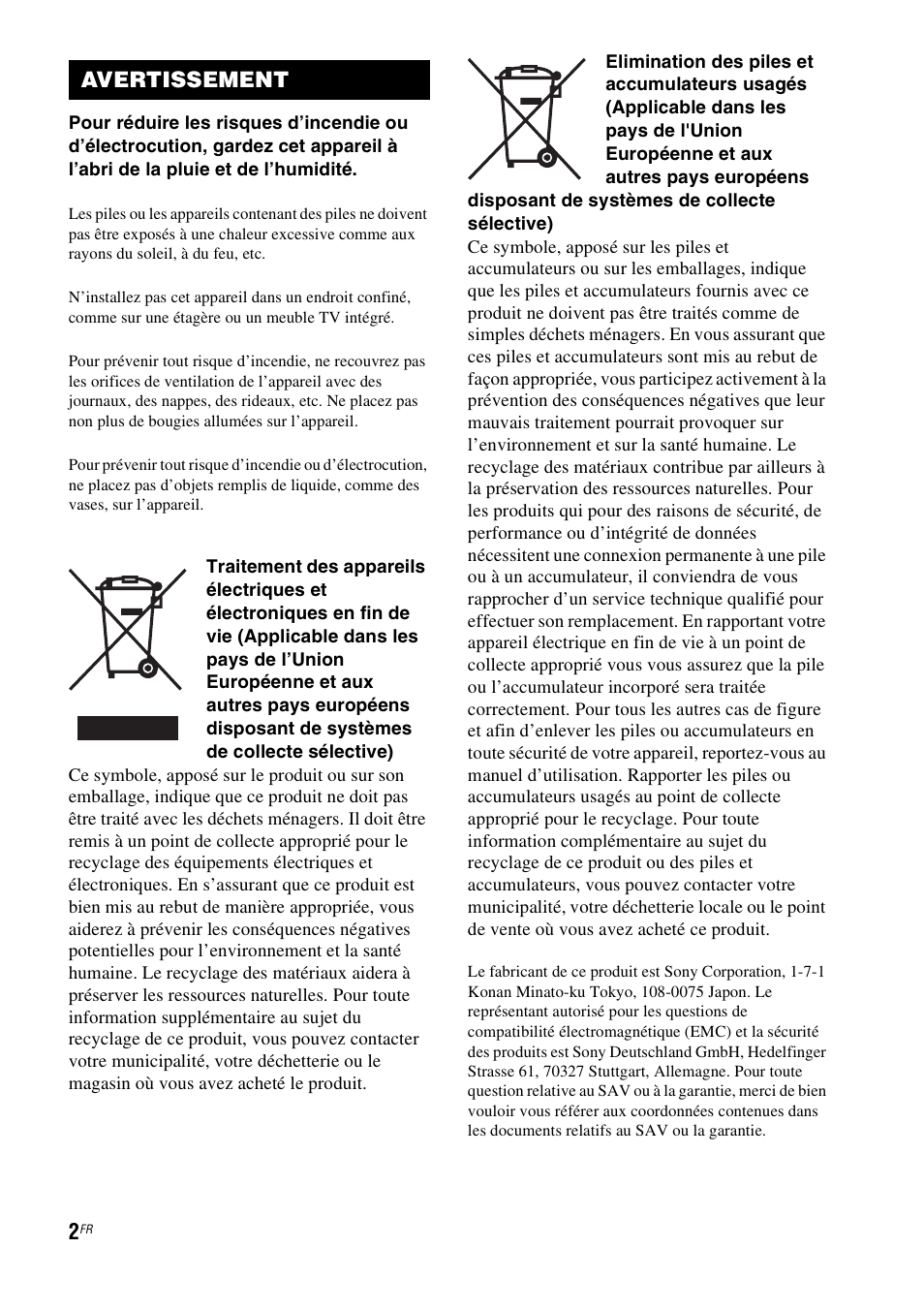 Avertissement | Sony HT-FS1 User Manual | Page 2 / 92