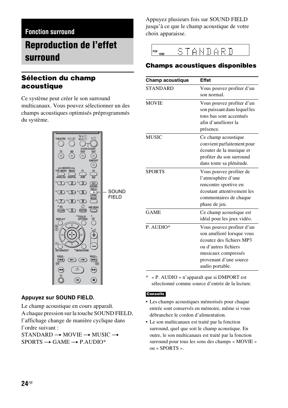 Fonction surround, Reproduction de l’effet surround, Sélection du champ acoustique | Champs acoustiques disponibles, Appuyez sur sound field | Sony HT-FS1 User Manual | Page 24 / 92