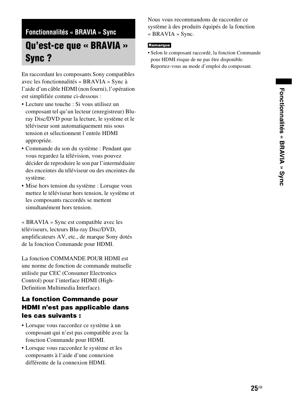 Fonctionnalités « bravia » sync, Qu’est-ce que « bravia » sync | Sony HT-FS1 User Manual | Page 25 / 92