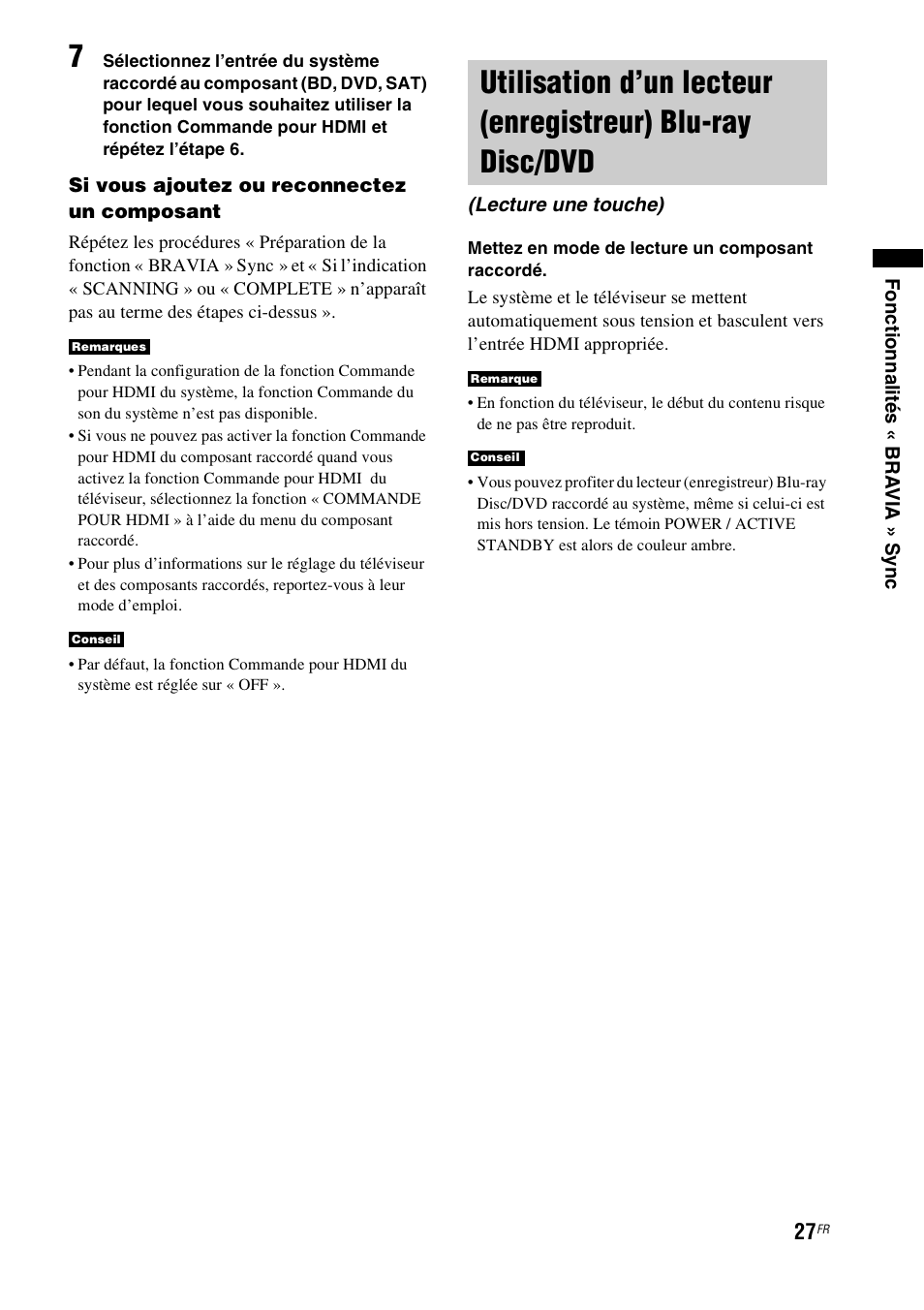 Utilisation d’un lecteur (enregistreur), Blu-ray disc/dvd (lecture une touche) | Sony HT-FS1 User Manual | Page 27 / 92