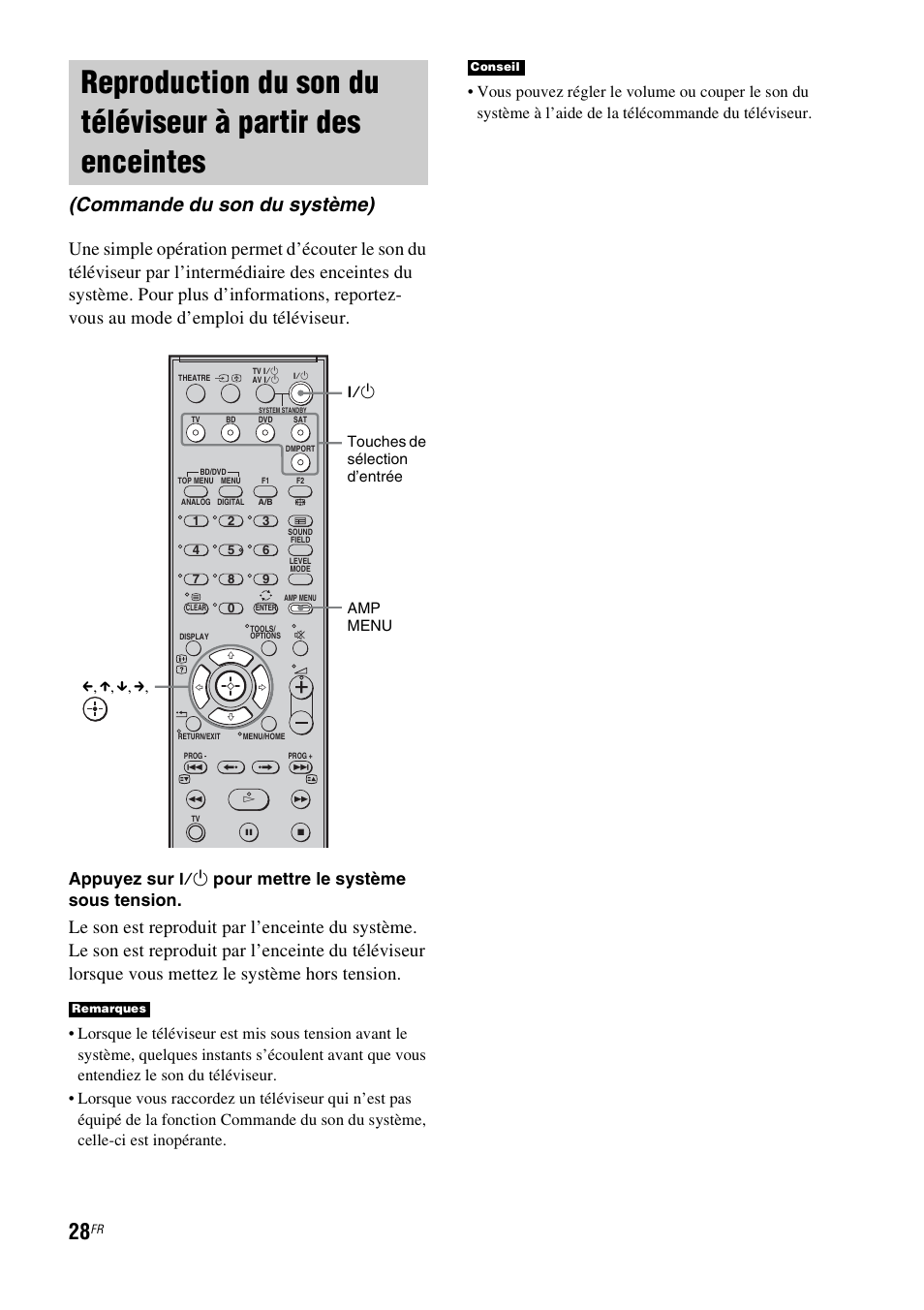 Reproduction du son du téléviseur à partir, Des enceintes (commande du son du système), Commande du son du système) | Appuyez sur, Pour mettre le système sous tension | Sony HT-FS1 User Manual | Page 28 / 92