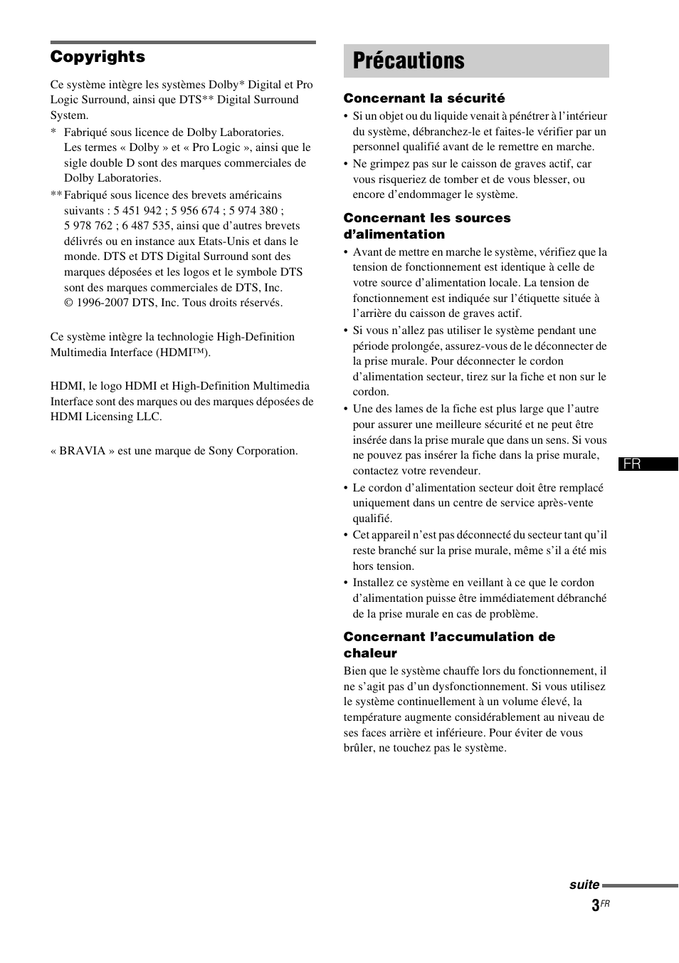 Précautions, Copyrights | Sony HT-FS1 User Manual | Page 3 / 92