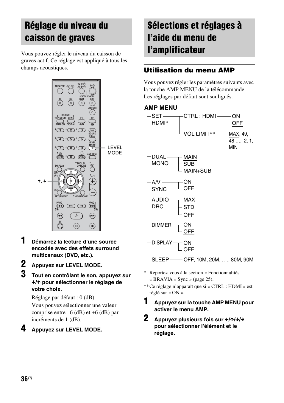 Réglage du niveau du caisson de graves, Réglage du niveau du caisson de, Graves | Sélections et réglages à l’aide du menu de, L’amplificateur, Utilisation du menu amp, Amp menu | Sony HT-FS1 User Manual | Page 36 / 92