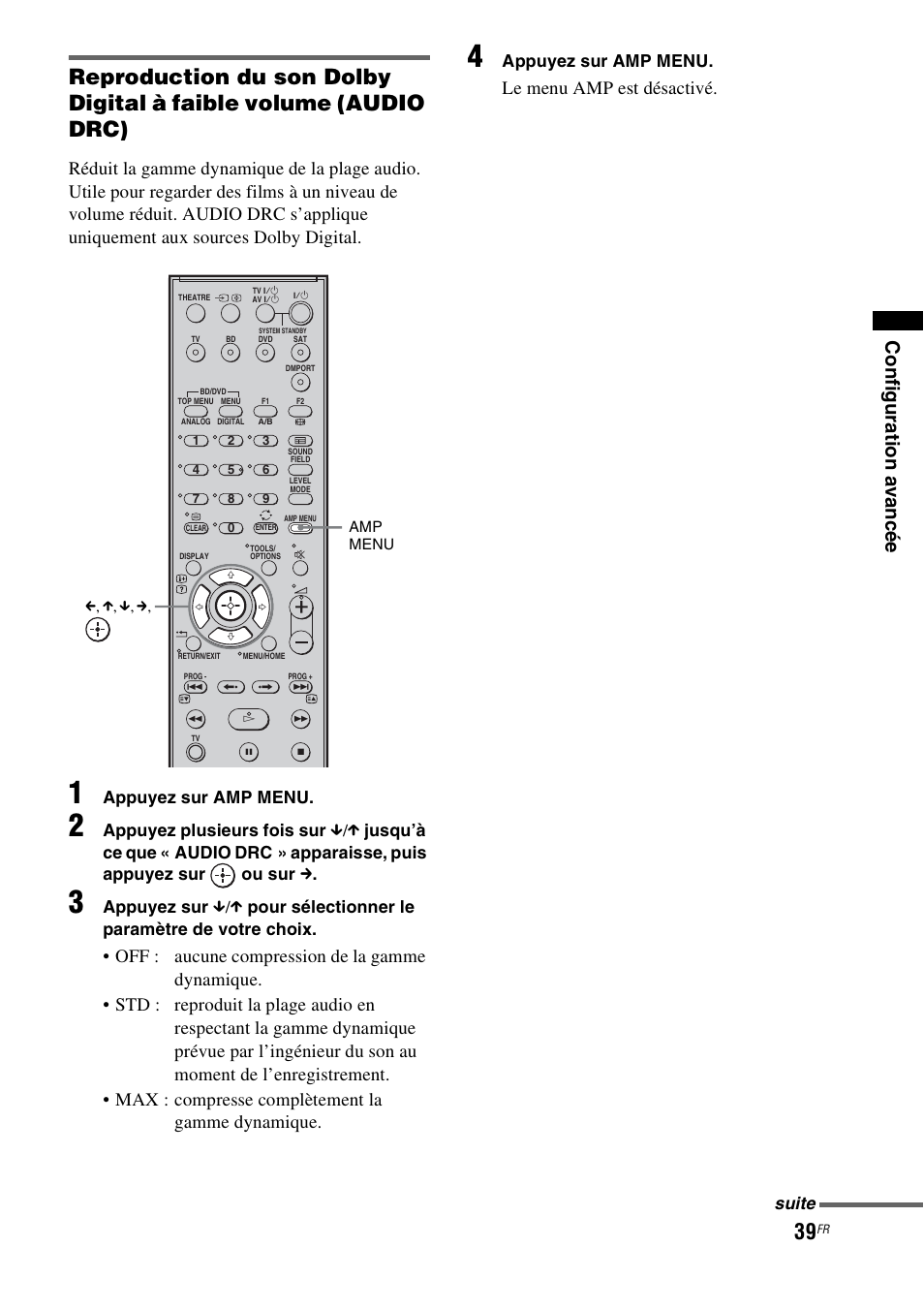Le menu amp est désactivé, Appuyez sur amp menu, Suite | Sony HT-FS1 User Manual | Page 39 / 92