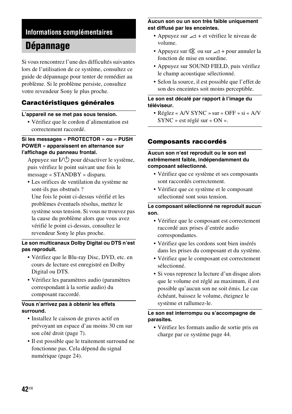 Informations complémentaires, Dépannage | Sony HT-FS1 User Manual | Page 42 / 92