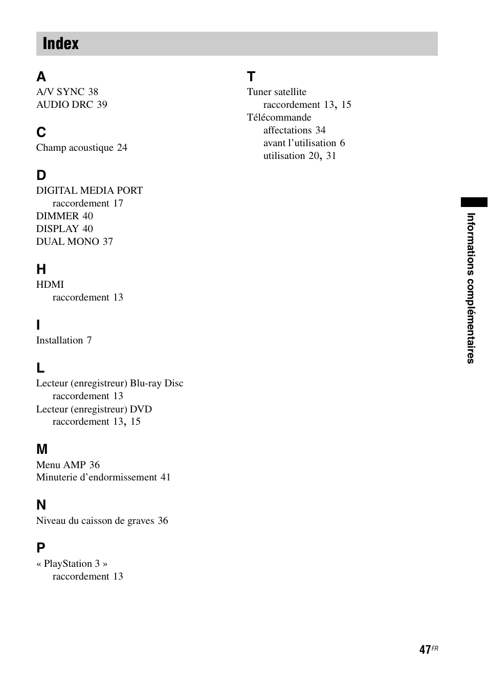 Index | Sony HT-FS1 User Manual | Page 47 / 92