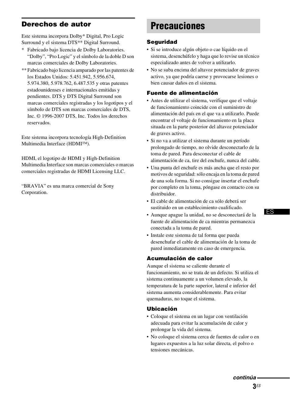 Precauciones, Derechos de autor | Sony HT-FS1 User Manual | Page 49 / 92