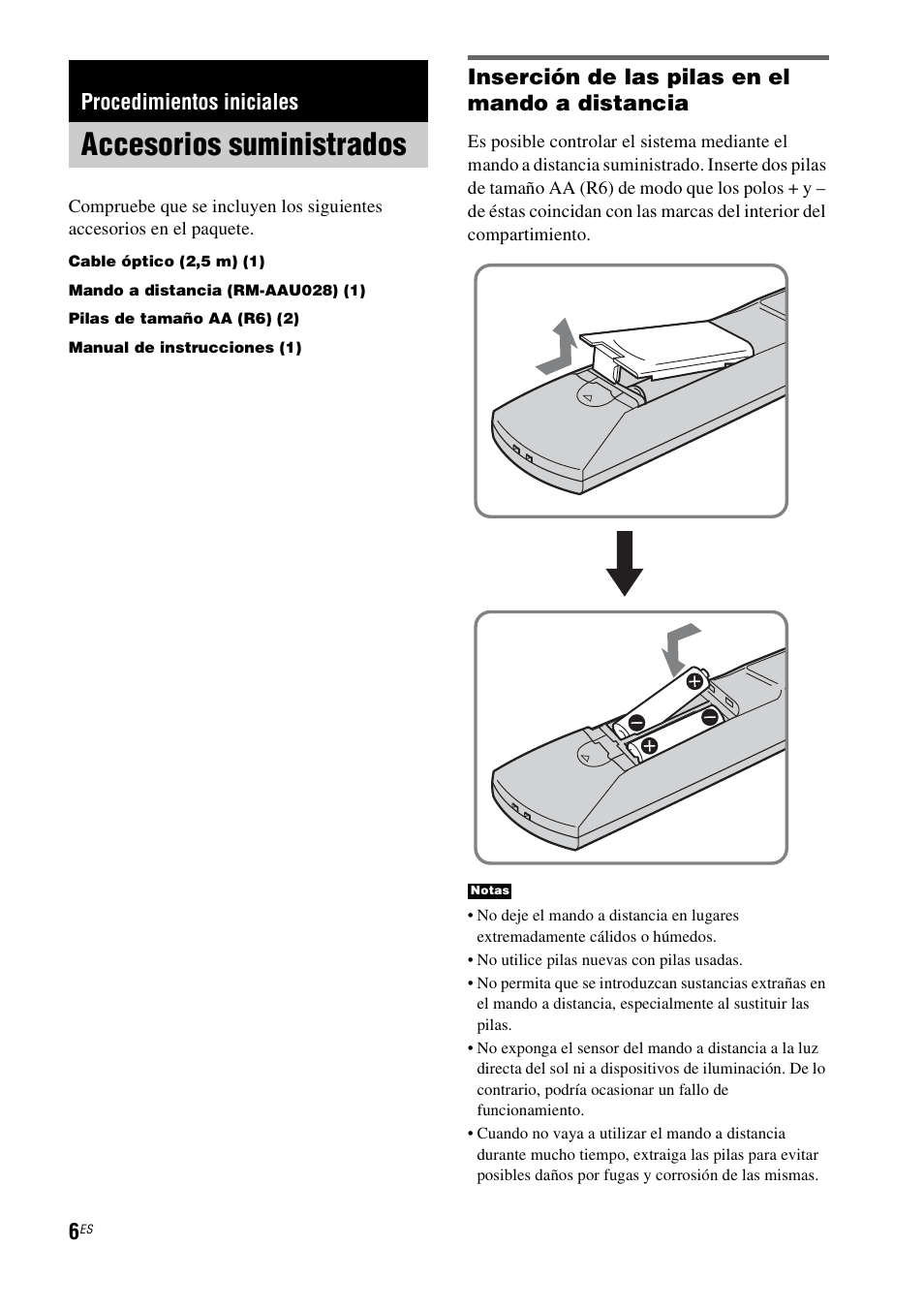 Procedimientos iniciales, Accesorios suministrados, Inserción de las pilas en el mando a distancia | Sony HT-FS1 User Manual | Page 52 / 92
