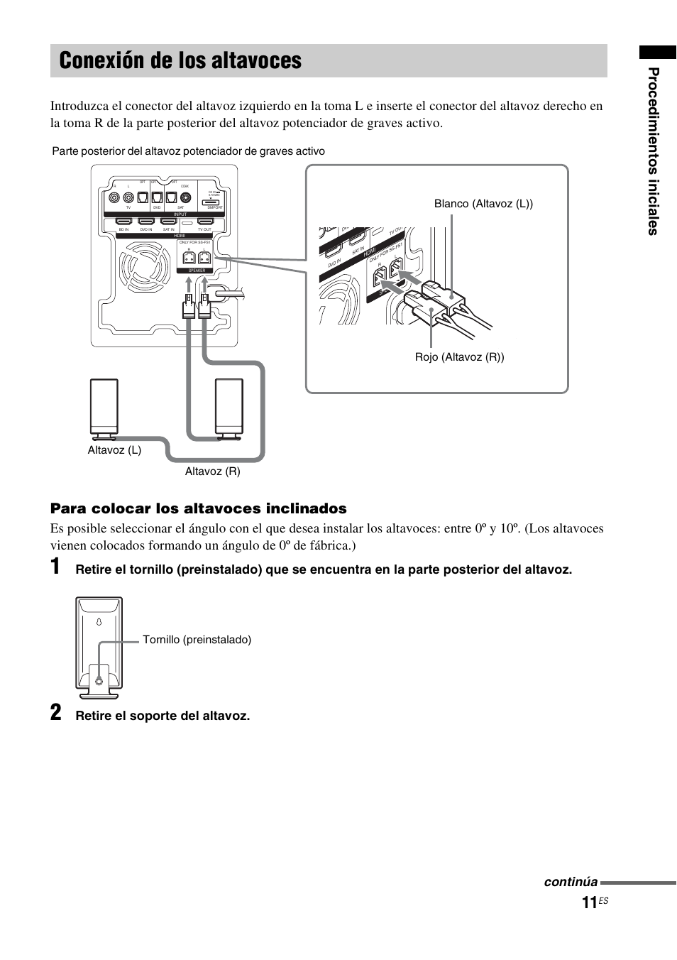 Conexión de los altavoces, Pr o ced imie ntos inic iale s, Para colocar los altavoces inclinados | Retire el soporte del altavoz, Continúa | Sony HT-FS1 User Manual | Page 57 / 92
