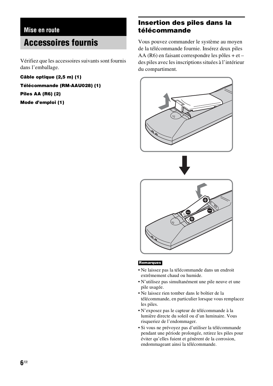 Mise en route, Accessoires fournis, Insertion des piles dans la télécommande | Sony HT-FS1 User Manual | Page 6 / 92