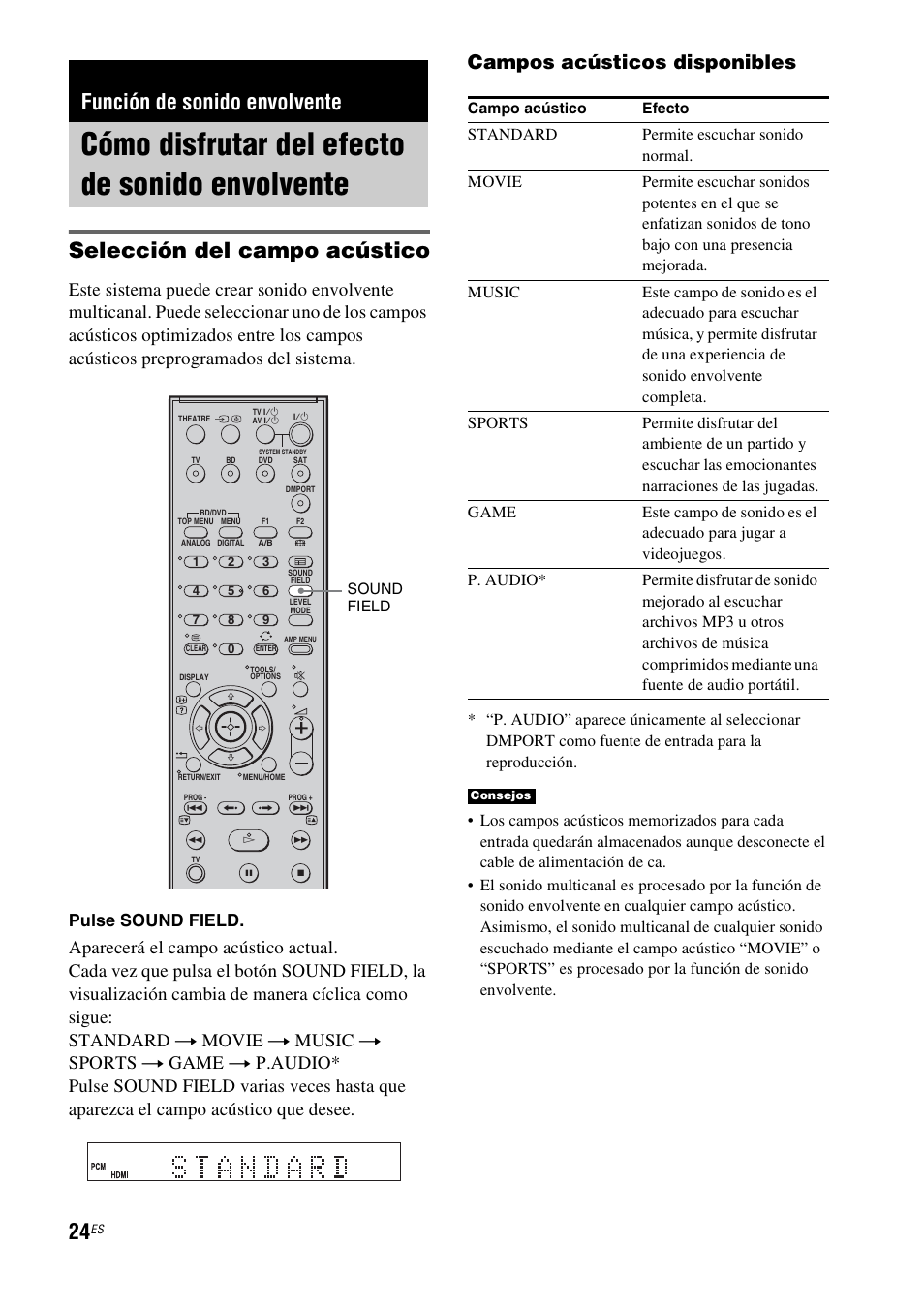 Función de sonido envolvente, Cómo disfrutar del efecto de sonido envolvente, Cómo disfrutar del efecto de sonido | Envolvente, Selección del campo acústico, Campos acústicos disponibles, Pulse sound field | Sony HT-FS1 User Manual | Page 70 / 92