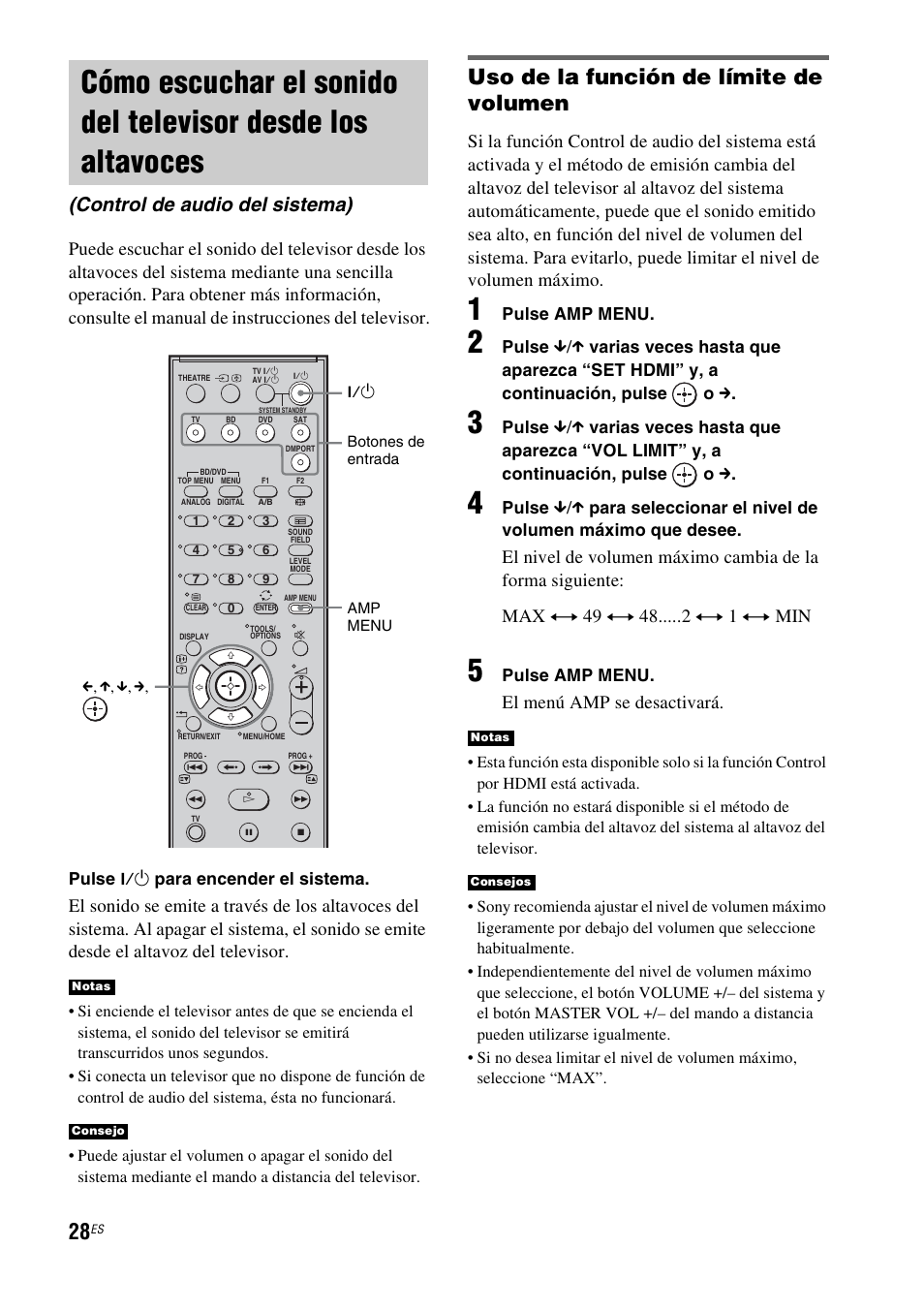 Cómo escuchar el sonido del televisor, Desde los altavoces (control de audio del sistema), Uso de la función de límite de volumen | Control de audio del sistema), El menú amp se desactivará | Sony HT-FS1 User Manual | Page 74 / 92