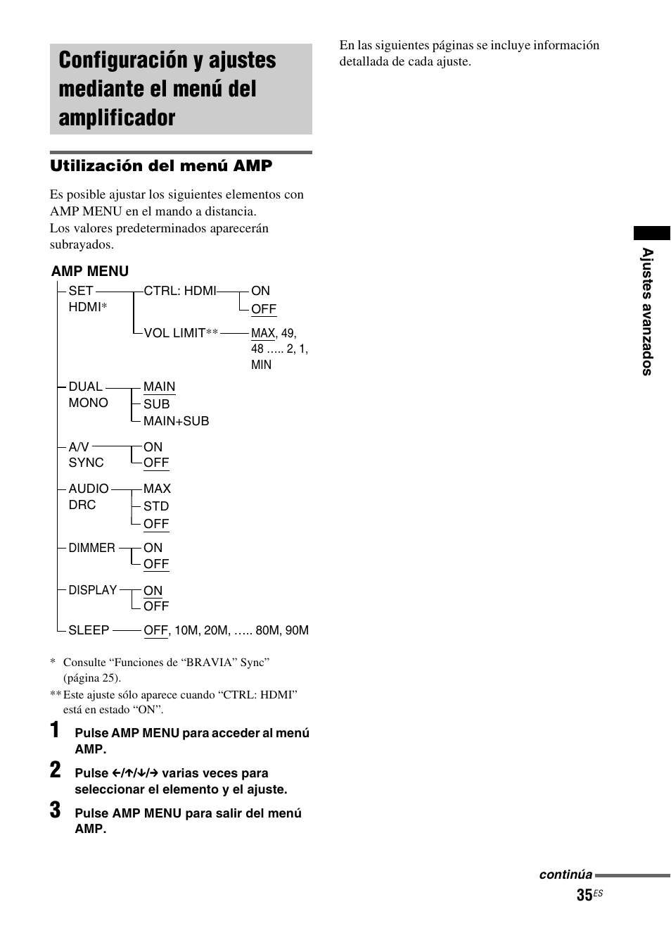 Configuración y ajustes mediante el, Menú del amplificador | Sony HT-FS1 User Manual | Page 81 / 92