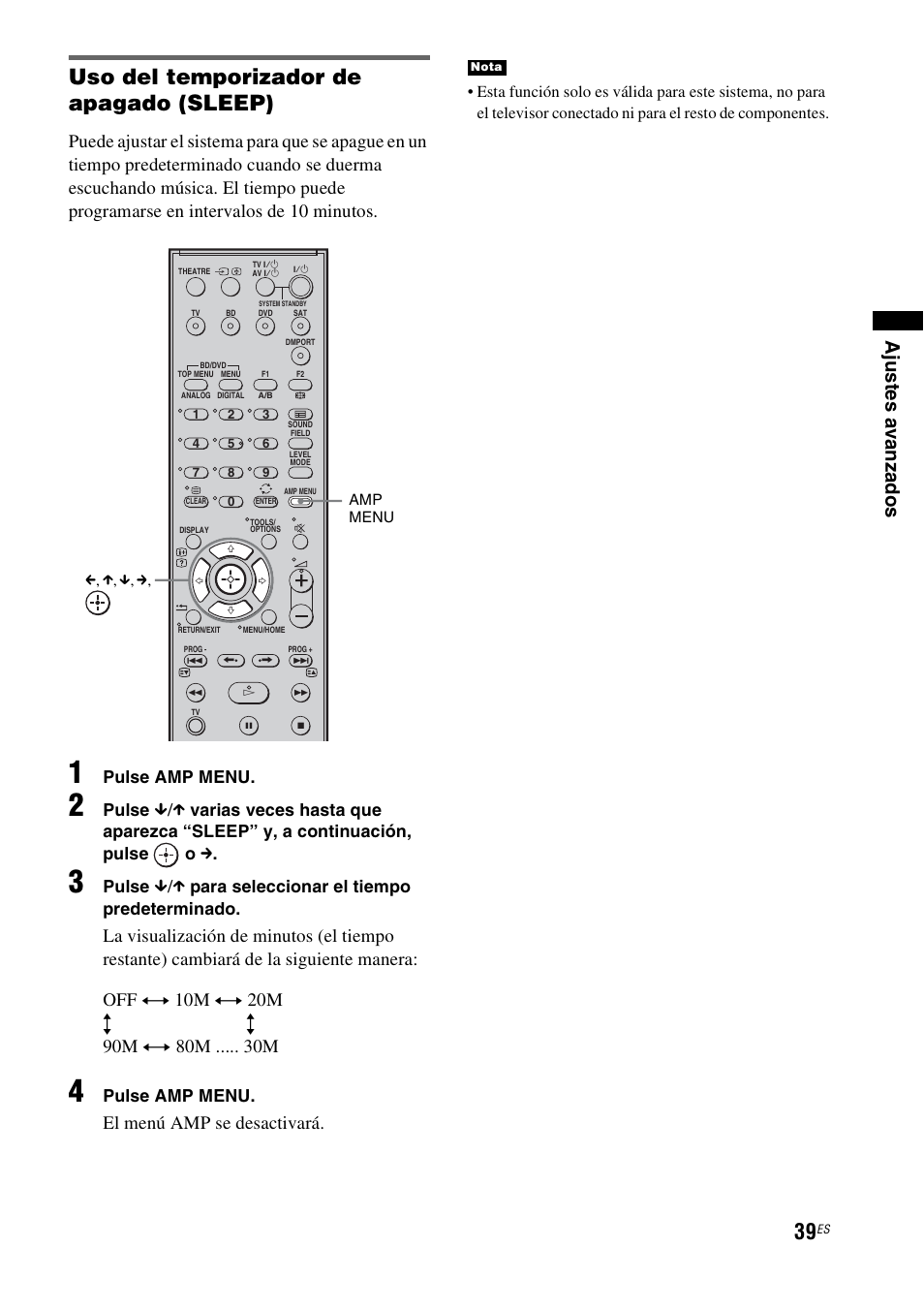 Uso del temporizador de apagado (sleep), Ajus tes a v an za dos, El menú amp se desactivará | Pulse amp menu, Pulse, X para seleccionar el tiempo predeterminado | Sony HT-FS1 User Manual | Page 85 / 92