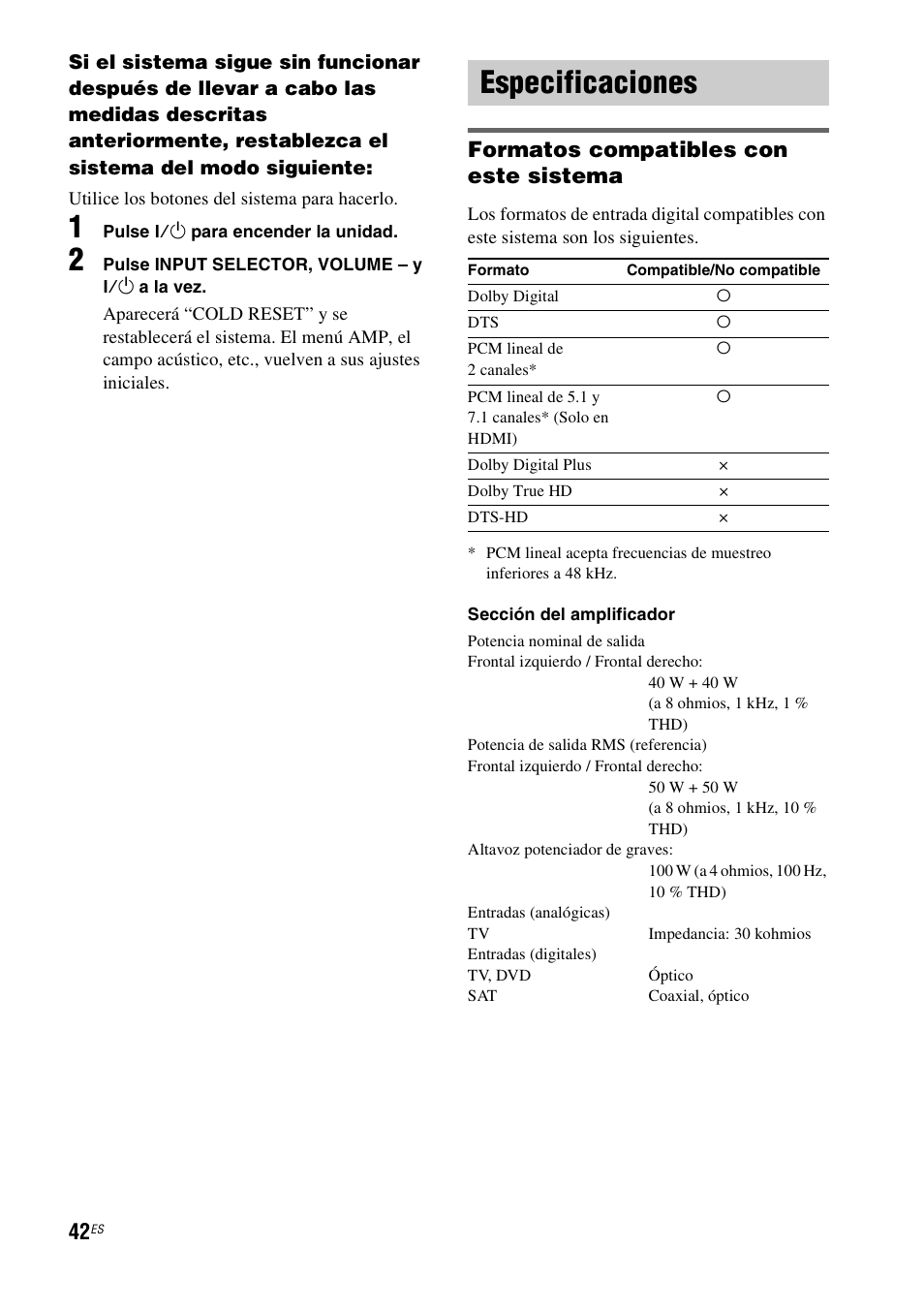 Especificaciones, Formatos compatibles con este sistema | Sony HT-FS1 User Manual | Page 88 / 92