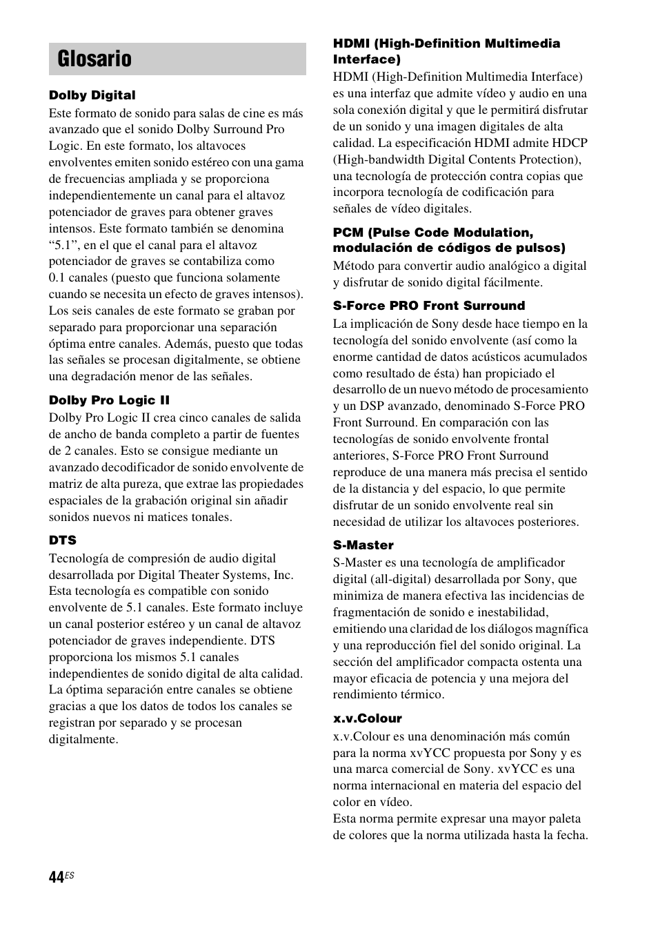 Glosario | Sony HT-FS1 User Manual | Page 90 / 92