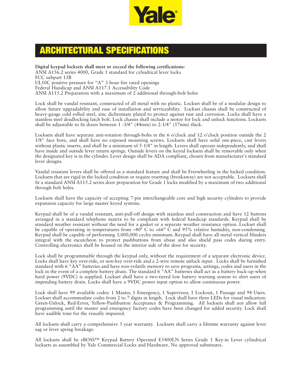 Architectural specifications | Assa E5496LN User Manual | Page 11 / 12