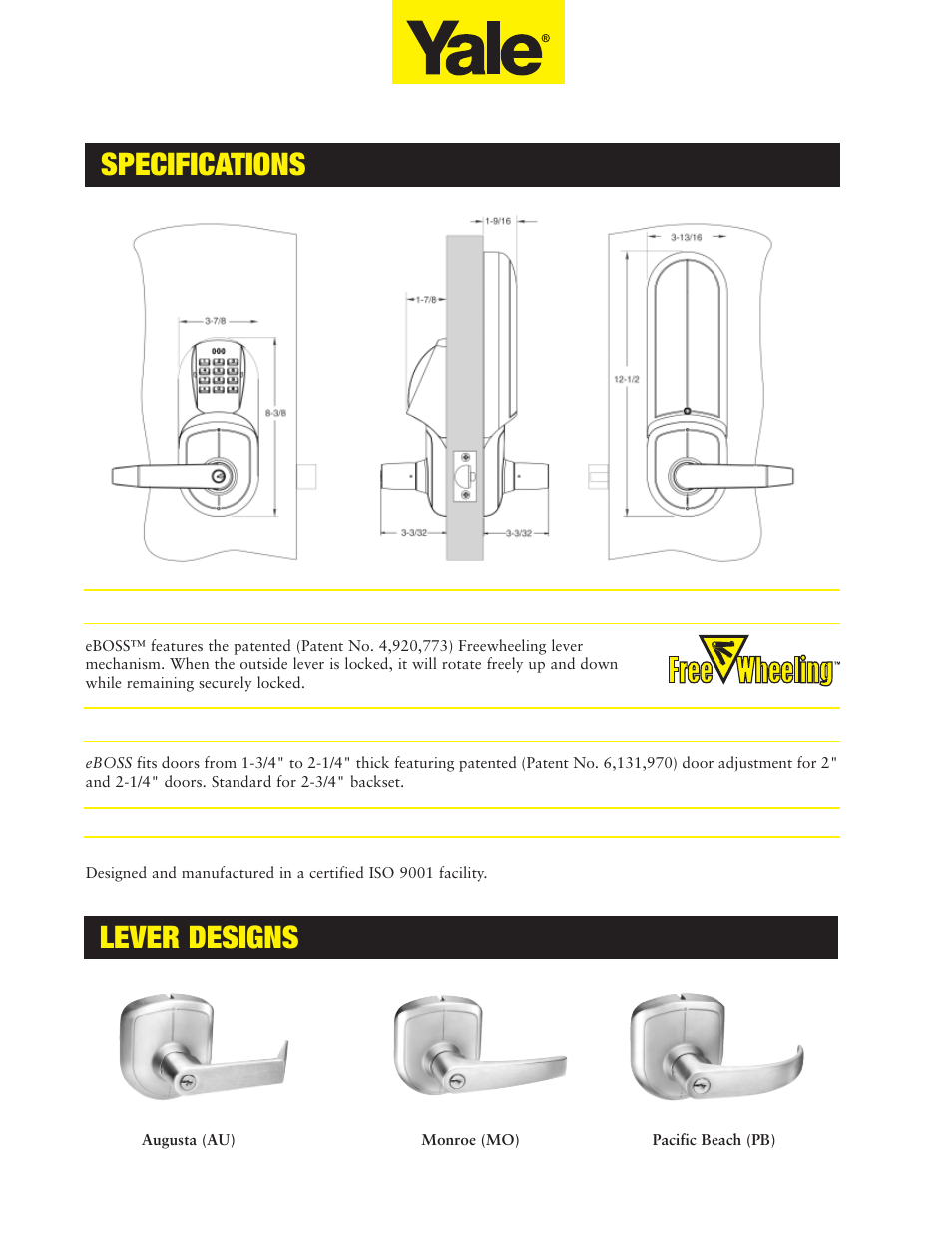 Specifications, Lever designs | Assa E5496LN User Manual | Page 6 / 12