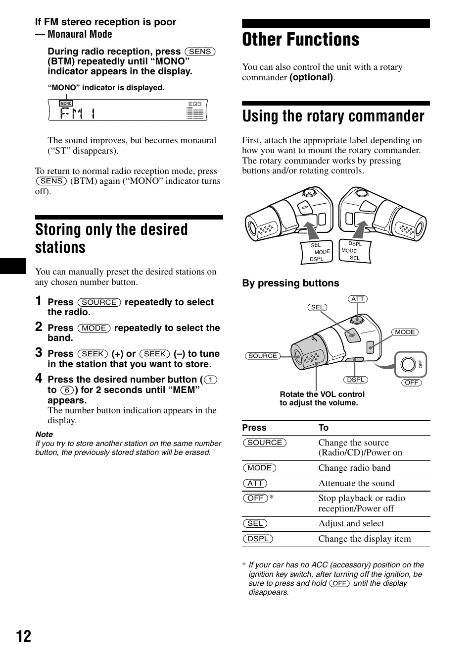 Storing only the desired stations, Other functions, Using the rotary commander | Sony CDX-R3000 User Manual | Page 12 / 60