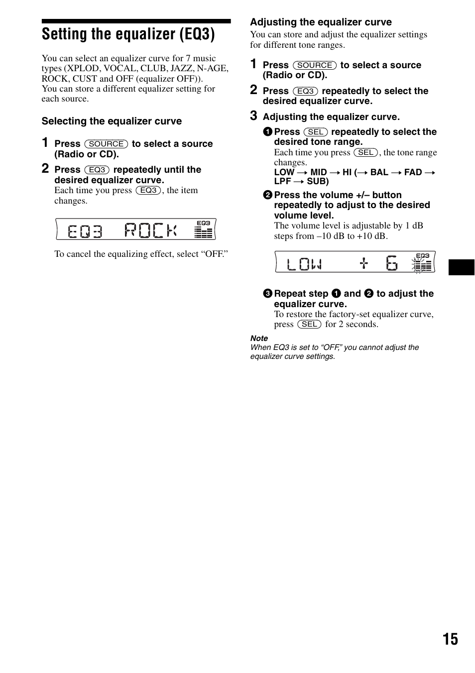 Setting the equalizer (eq3), 15 setting the equalizer (eq3) | Sony CDX-R3000 User Manual | Page 15 / 60