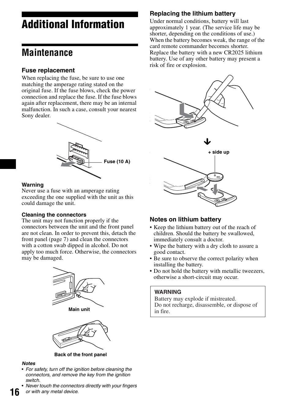 Additional information, Maintenance | Sony CDX-R3000 User Manual | Page 16 / 60
