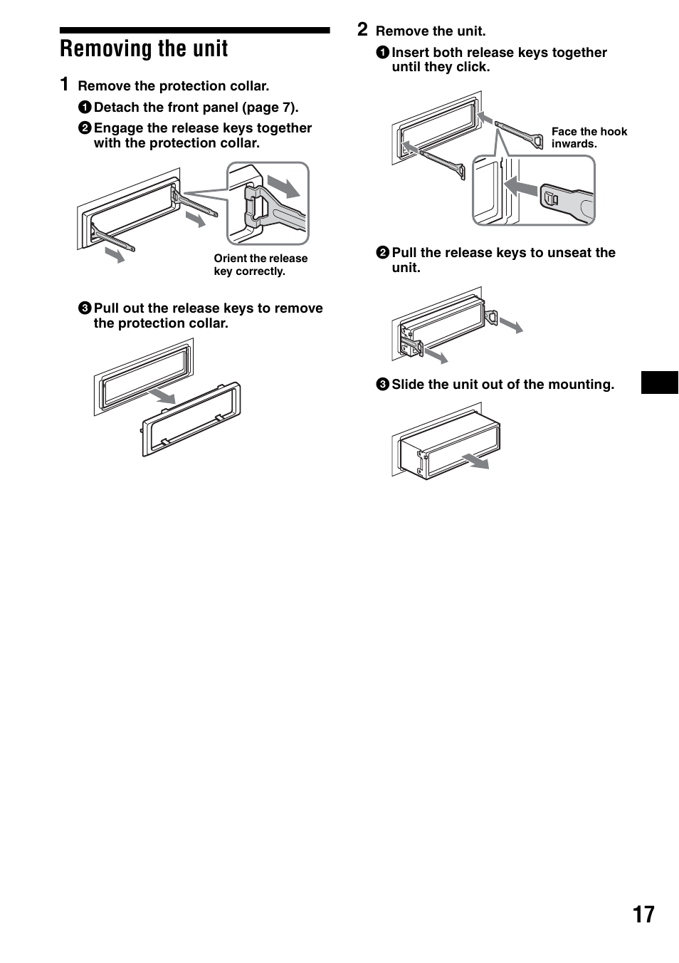 Removing the unit, 17 removing the unit | Sony CDX-R3000 User Manual | Page 17 / 60