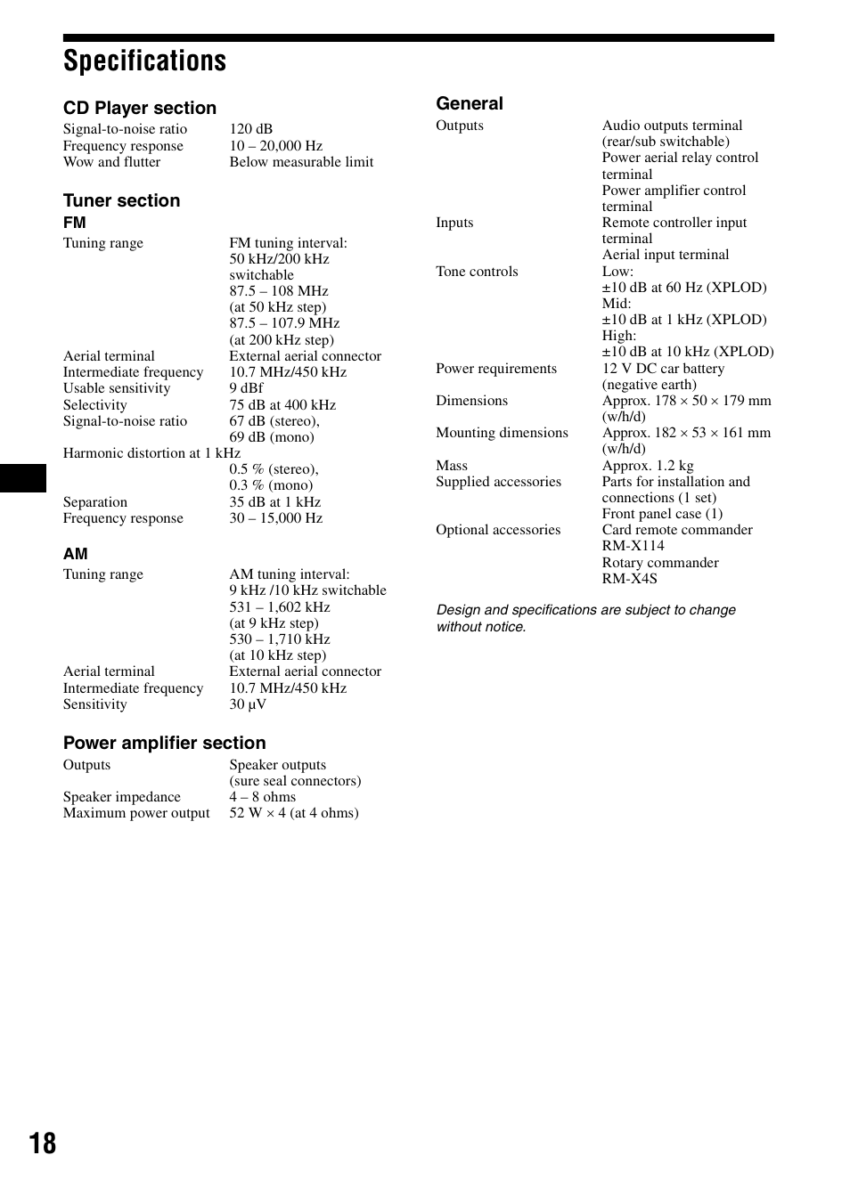 Specifications, 18 specifications | Sony CDX-R3000 User Manual | Page 18 / 60