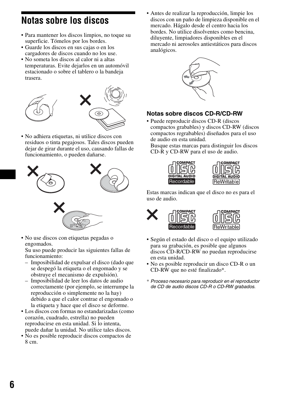 Notas sobre los discos, 6notas sobre los discos | Sony CDX-R3000 User Manual | Page 26 / 60