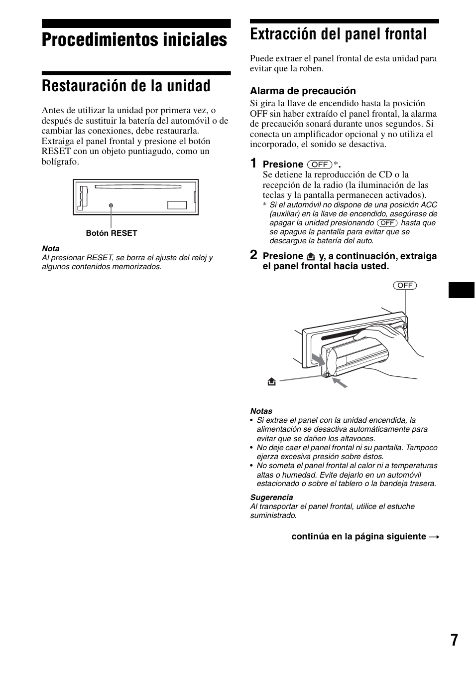 Procedimientos iniciales, Restauración de la unidad, Extracción del panel frontal | Sony CDX-R3000 User Manual | Page 27 / 60