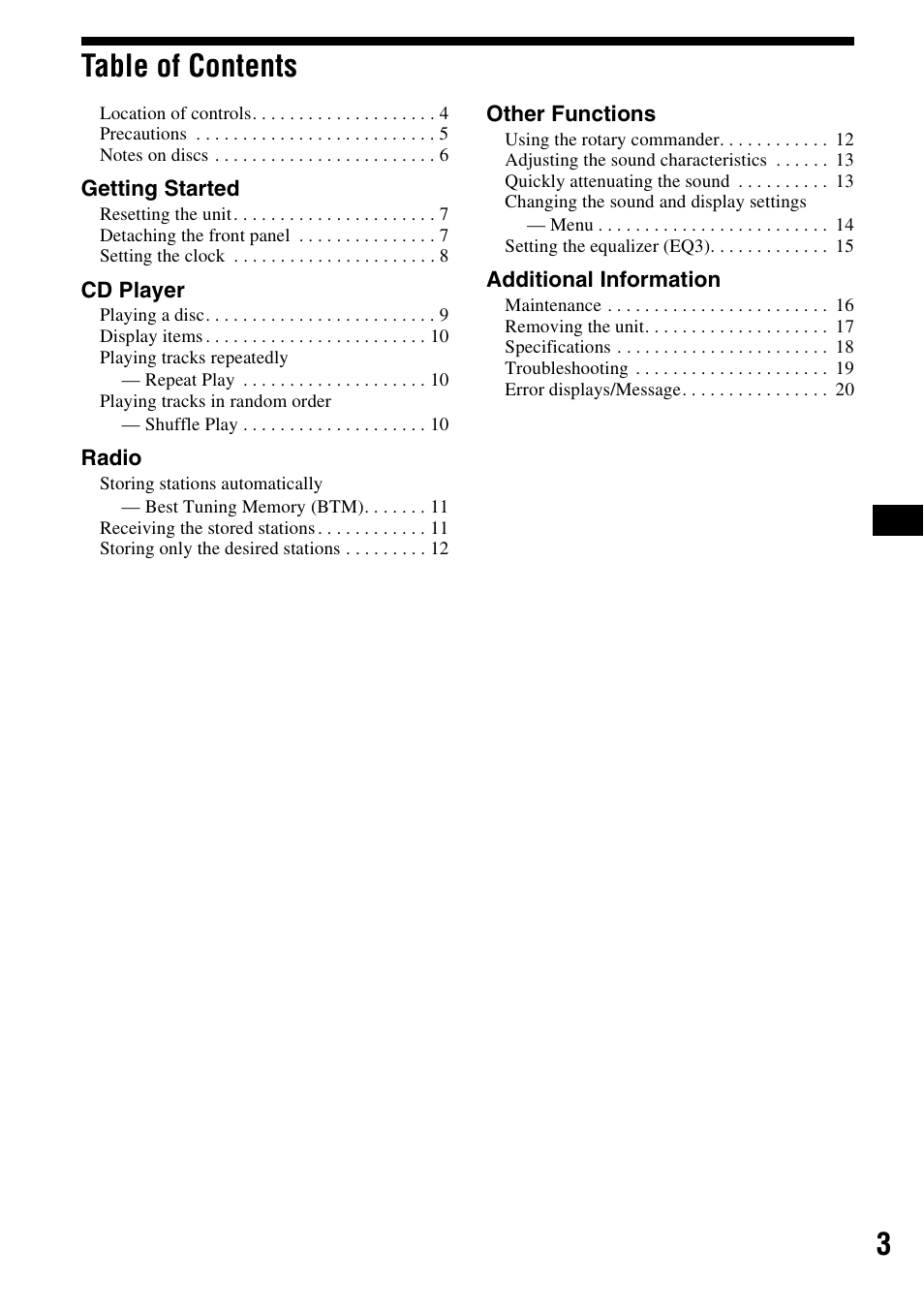3table of contents | Sony CDX-R3000 User Manual | Page 3 / 60