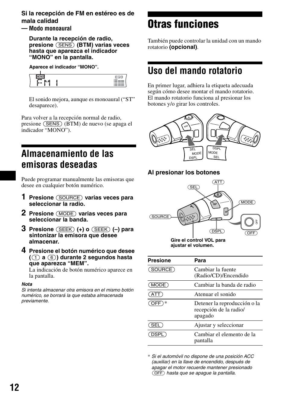Almacenamiento de las emisoras deseadas, Otras funciones, Uso del mando rotatorio | Almacenamiento de las emisoras, Deseadas | Sony CDX-R3000 User Manual | Page 32 / 60