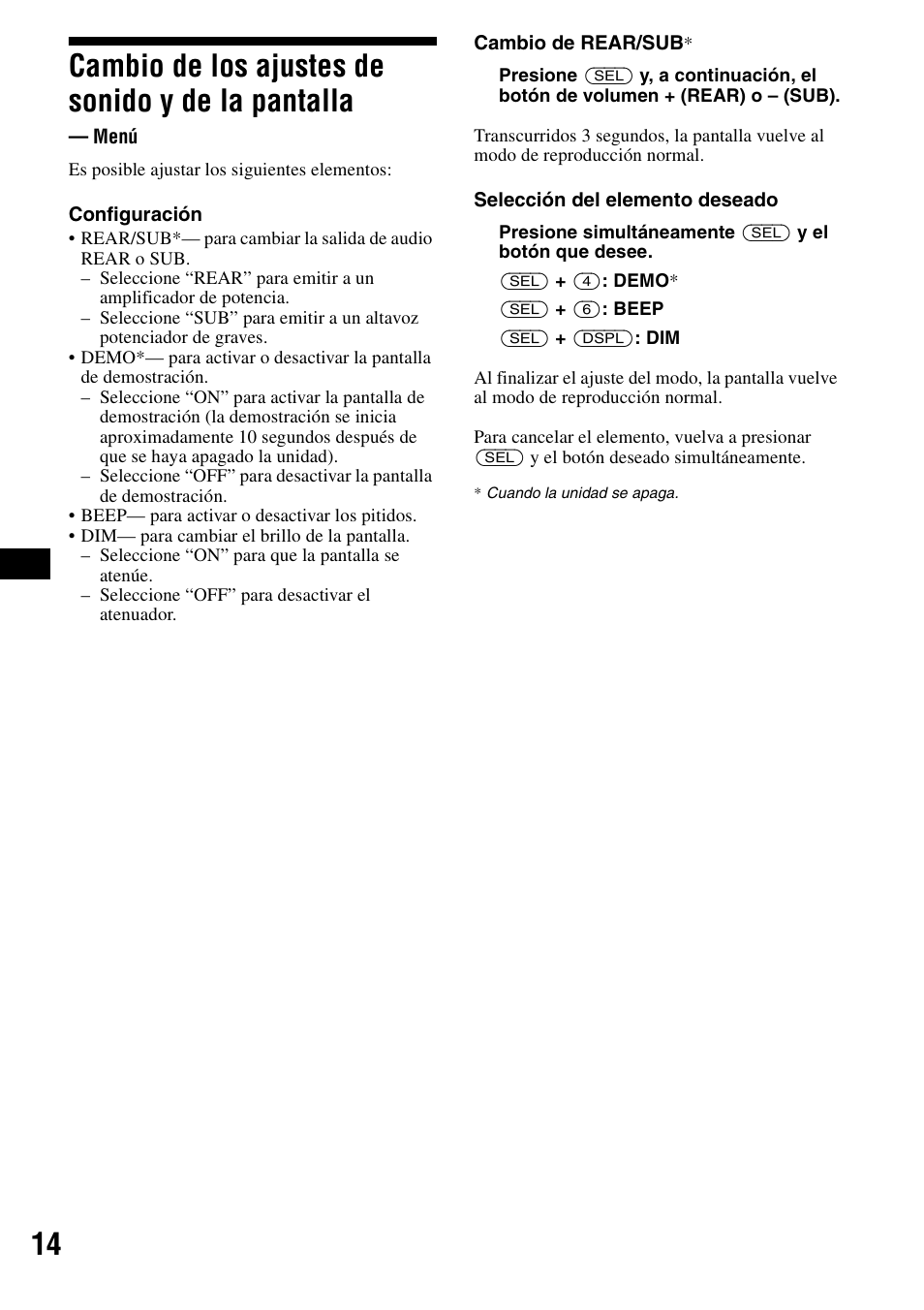 Cambio de los ajustes de sonido y de la pantalla, Menú, S 14 | Sony CDX-R3000 User Manual | Page 34 / 60