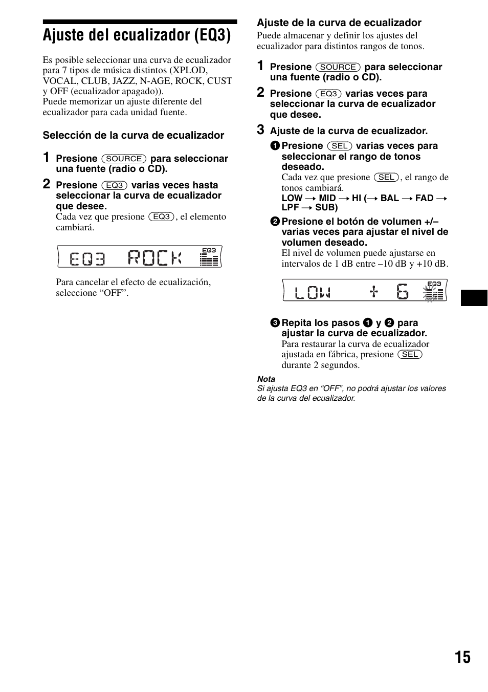 Ajuste del ecualizador (eq3), 15 ajuste del ecualizador (eq3) | Sony CDX-R3000 User Manual | Page 35 / 60