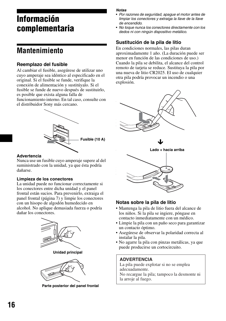 Información complementaria, Mantenimiento | Sony CDX-R3000 User Manual | Page 36 / 60